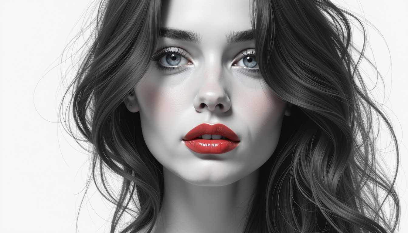 Ultra-realistic charcoal portrait sketch of a young woman inspired by Clara Sunday, with features reminiscent of Brooke Burns and Alison Lohman. Her cascading wavy hair gently frames her face, while her bold red lips contrast beautifully with her soft, luminous skin. Large, expressive blue eyes radiate warmth and sincerity. The overall expression captures natural beauty and youthful elegance. Emphasis on delicate textures, subtle shading, and high-detail facial features. Dramatic lighting enhances depth and form, composed according to the golden ratio for visual harmony.