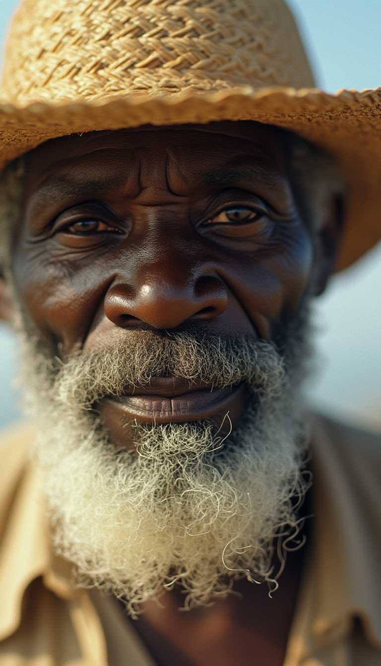 close-up portrait on an analog Kodachrome camera with the edges of the film negative, of a black man with a white beard and a straw hat on a neutral background