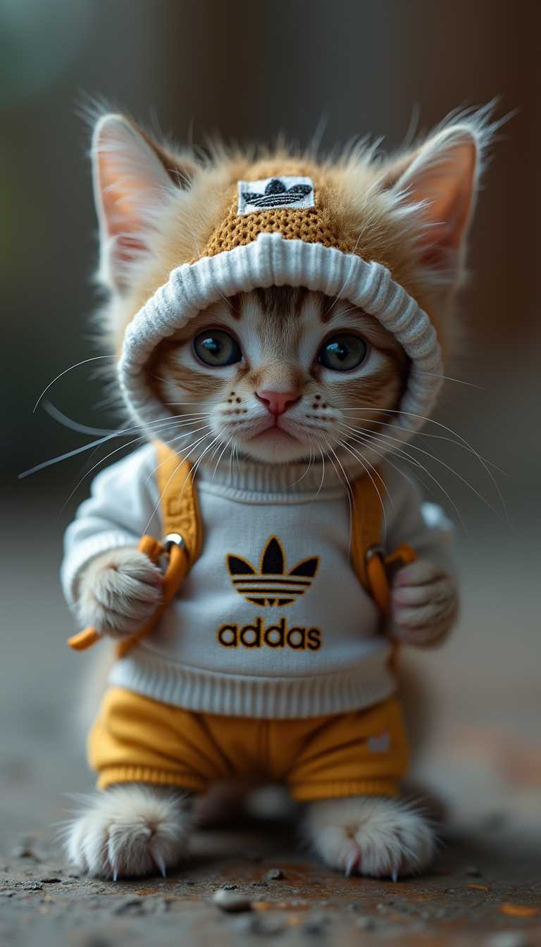 super small cat in adidas outfit charm high quality photo, with paws near eyes,