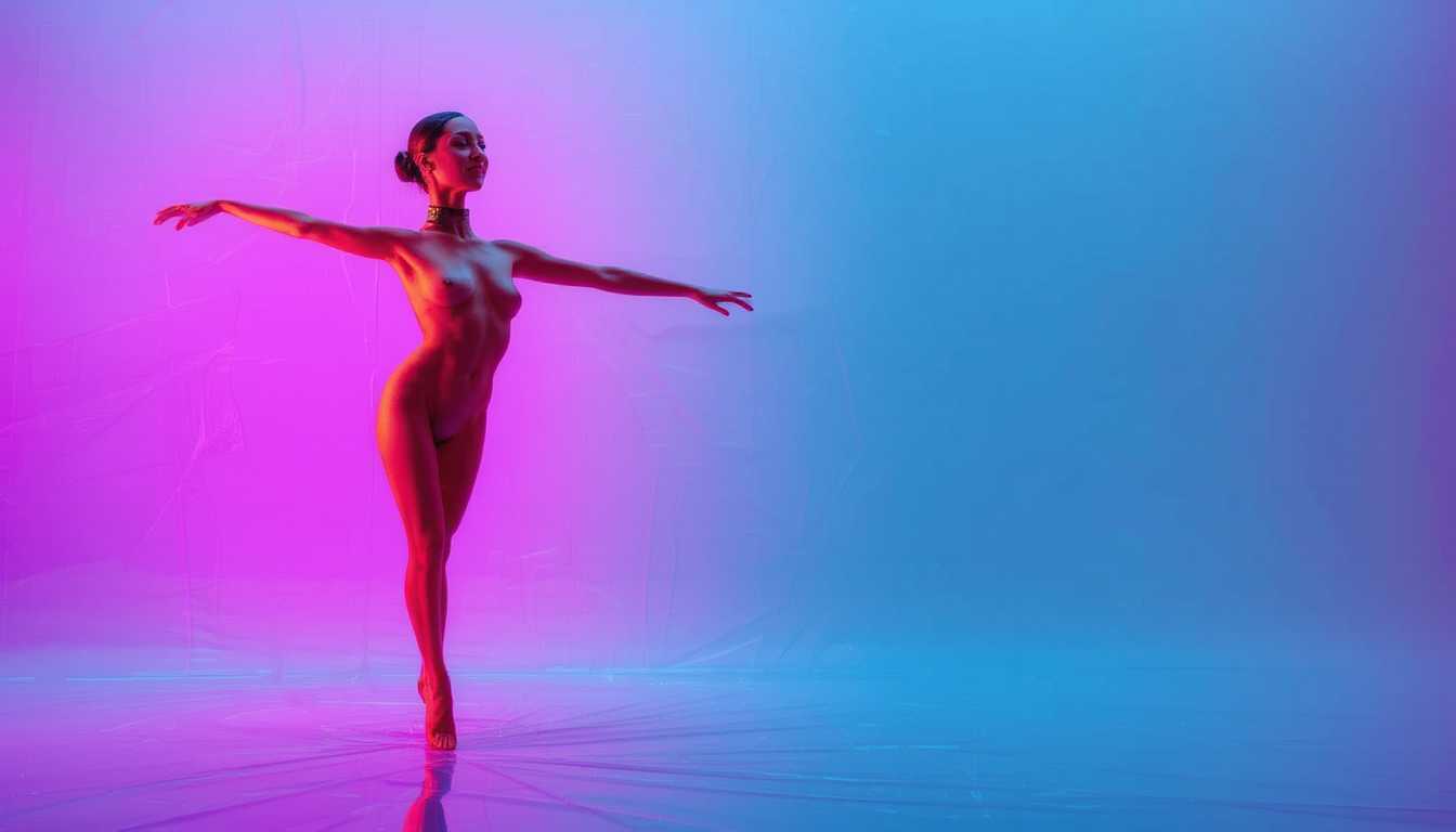 Colorshift style, an 14yo Apprentice naked female ballet dancer wearing a massive metal collar, Cervical Collar, ballet stance, stretched arms, long legs, standing on one leg, one leg in the air, ballet, rim light, 