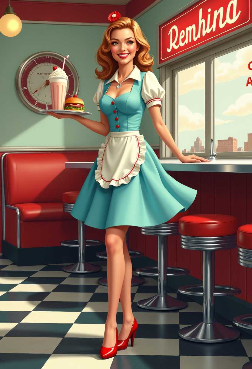 Acrylic and chalk highly detailed digital painting of a 1950s-style pin-up illustration of a cheerful soda fountain waitress in a retro diner. She’s wearing a classic light blue and white uniform with a flared skirt, red accents, and a matching headband, stockings, and heels. Her bright smile and vintage makeup give her a glamorous yet wholesome look. She holds a tray with a tall milkshake and a classic burger. The background includes checkered floors, neon signage, and chrome bar stools, all captured in a soft, hand-painted style with a nostalgic, Americana vibe.