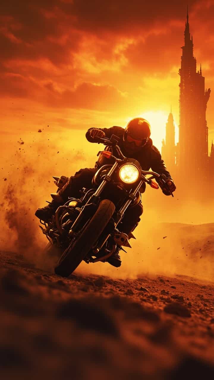 A lone motorcyclist speeding through the desert, kicking up dust as the sun sets behind him. The silhouette of a giant, ruined city looms in the distance. His bike is adorned with skulls and metal spikes, glowing under the warm, orange light. Created using: gritty texture, intense colors, digital painting, cinematic lighting, hyperrealism, post-apocalyptic themes