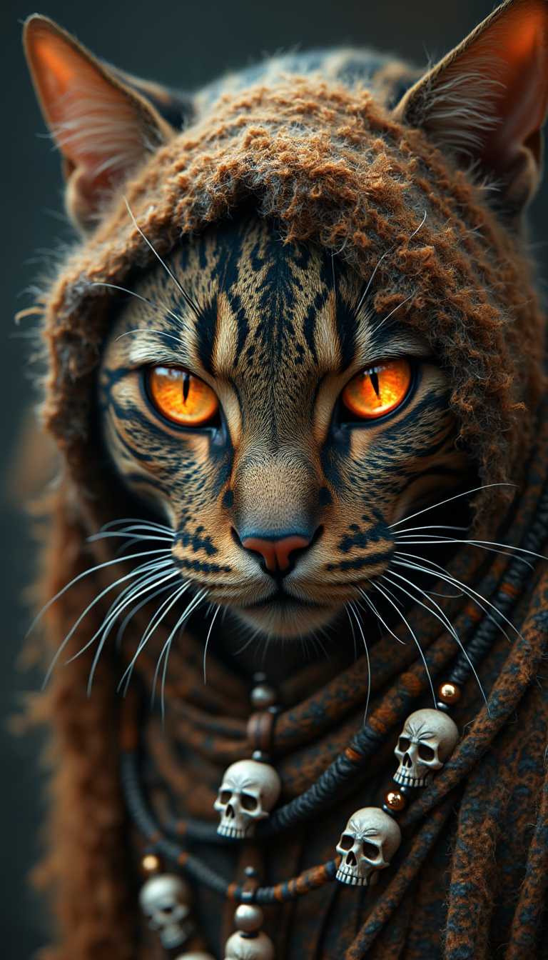 close up of a tribal tattooed elder cat with fiery eyes like the cat people of Khajiit from Elder Scrolls, head draped with woolen scarf and fur embellished with skull beads,