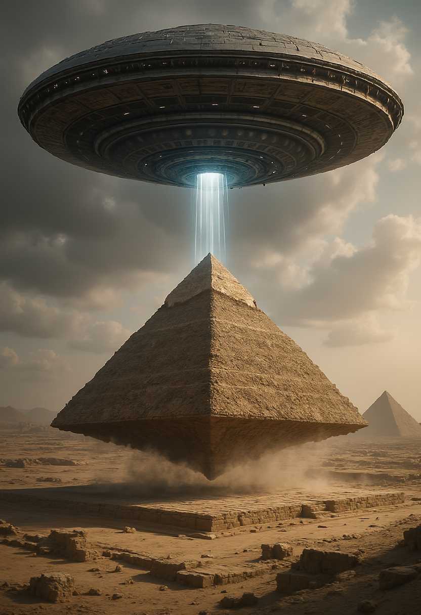 An alien space ship slowly lowering the Great Pyramid into place in Egypt, photo realistic