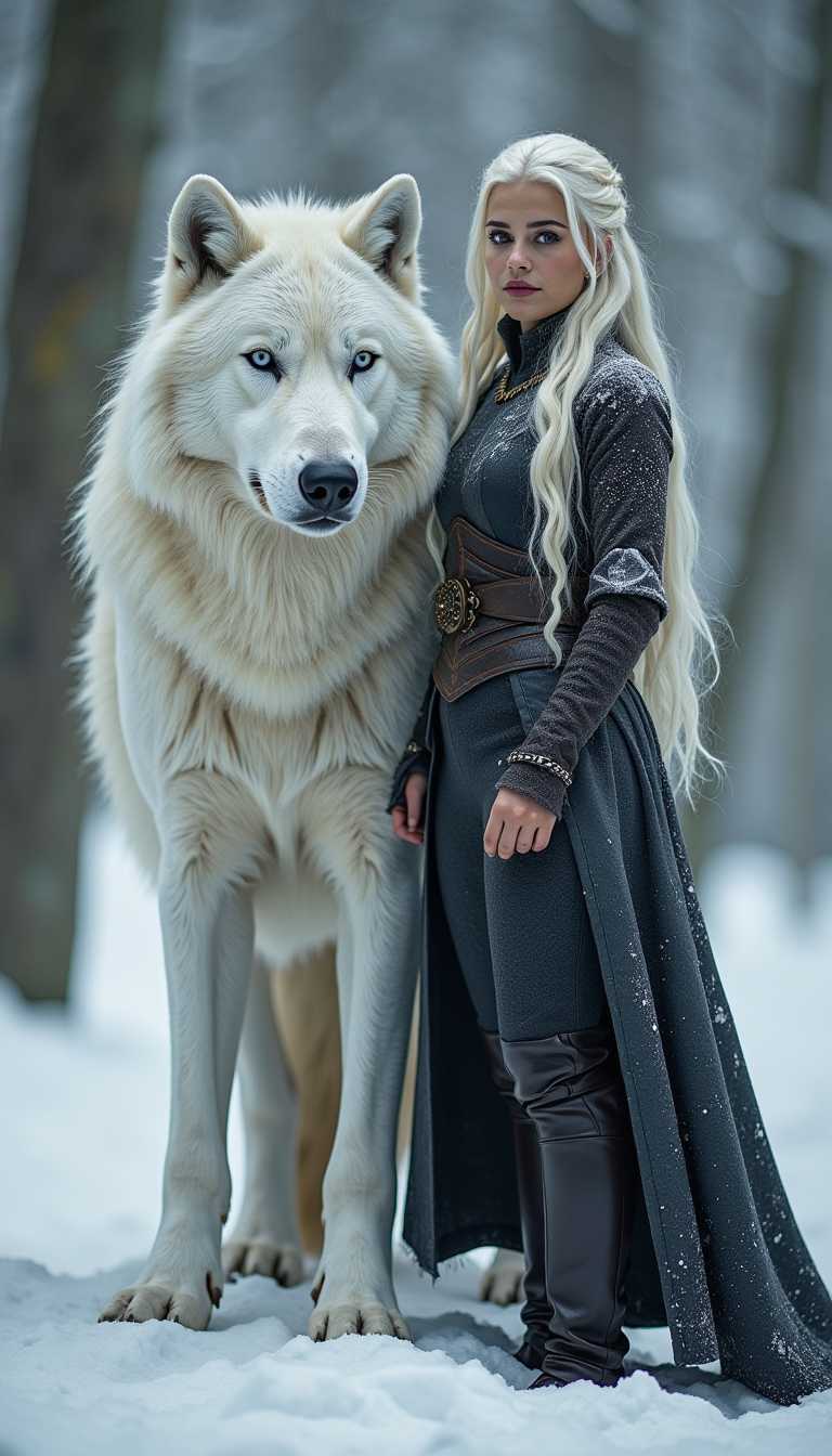 Hyper realistic. Full body view of daenerys targaryen. beautiful, scarred warrior, standing near a giant white dire wolf , facing camera in dynamic pose, winter forest background