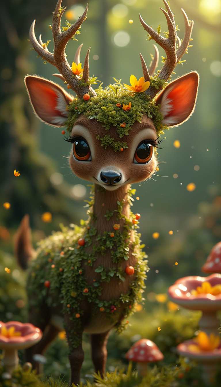 A hyper-realistic Mossy Fawn with soft, velvety brown fur covered in glowing green moss patterns. Tiny flowers bloom along its antlers, and its eyes are warm amber with sparkles. It stands in a sun-dappled magical forest, surrounded by mushrooms, vines, and floating pollen. Ultra-realistic 8K render, cinematic lighting.