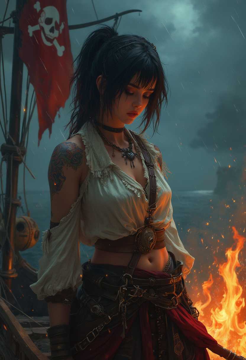 female pirate, 22 years old, ,focus on character, portrait,  looking down, solo, upper body, detailed background, (<lora:AlchemyPunkAI:0.6>, alchemypunkai theme:1.1), cursed privateer, tattoos, simple  pirate captain outfit, eyepatch,  amulet, determined,  sypglass, high seas,  jolly roger flag, flames,    kraken, dark storm, raining,  dark shadows, pirate fantasy atmosphere,