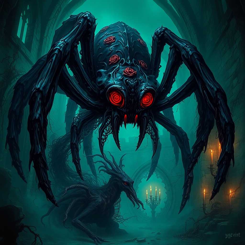 yfg-v1nt, Dark fantasy illustration, giant spider-like creature with red eyes and rose-shaped markings, Gothic ruins with crumbling arches, eerie greenish-blue lighting, tangled vines and roots, shadowy and menacing atmosphere, detailed textures on the creature's body, candlelit scene in the background, spooky and haunting vibe, intricate detailing, horror-themed, unsettling and creepy mood, Gothic architecture, detailed and immersive, captivating and eerie composition, nightmarish and macabre visual.