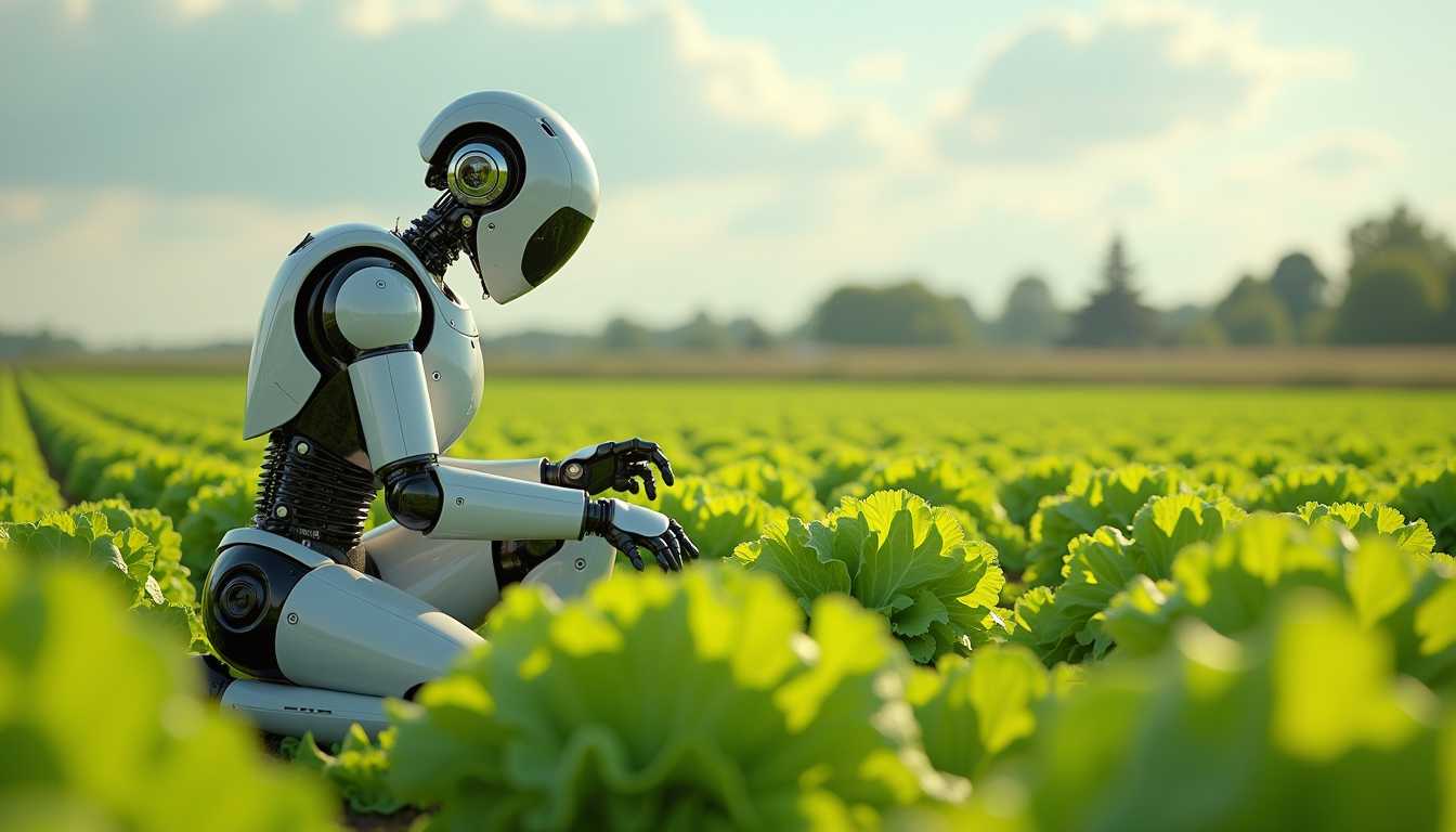 Create an image of a many lots 10 streampunk android robot on their knees  picking lettuce, carrots, in a field