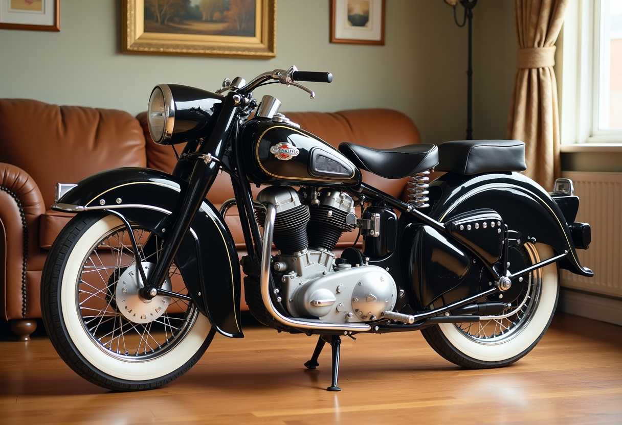 oil painting-ultraphotographic: Motorcycle from the 40s/50s, glossy black with chrome details, wide and massive, on white wheels with black, shiny spokes. Front with a large reflector, short handlebar, girder fork, full mudguards - shiny with a silver back, V-twin engine, counter. Leather, triangular, black saddle with studs on springs, and a narrow passenger saddle - silver leg under the rear wheel - The motor stands in a home living room from the 50s. full hd. 8k