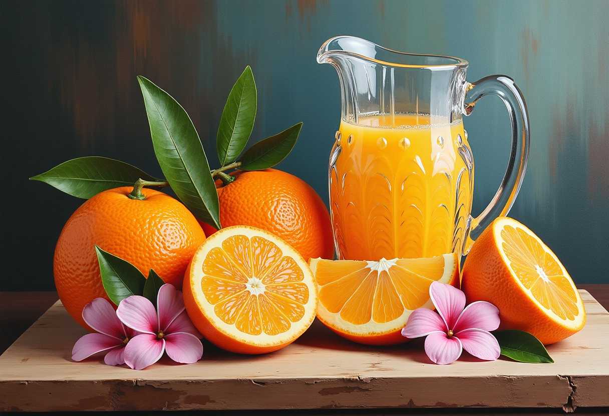 (Zainul Abideen insperation) Oil painting  painting of juices oranges, some whole and sliced showing how sweet when cut, on distressed cutting board, beautiful delicate flowers surrounding them delicate crystal glass and crystal pitcher