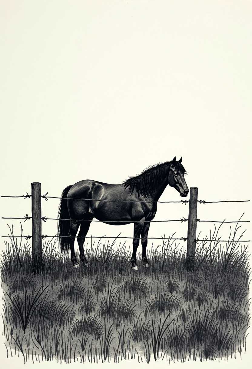 Black etching scribble art of a pasture and a horse behind a bobwire fence, highly detailed, expressive line work, textural contrast, natural composition, hand-drawn feel, in the style of Edward Gorey and Franklin Booth --ar 3:4 --style raw --stylize 750