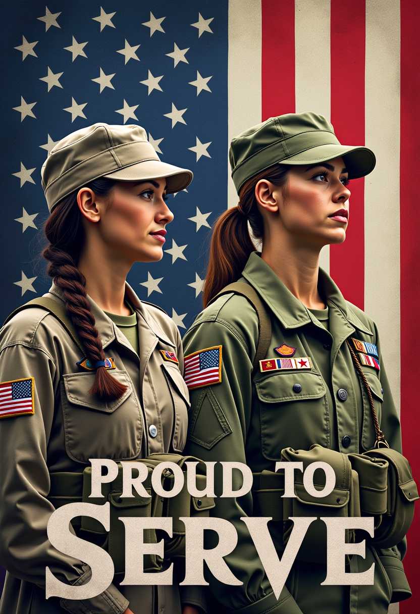 image of US flag and a mix of our military soldiers male and female,  text "Proud to Serve"