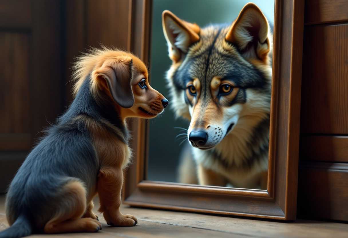 When I grow up, I'll be a wolf too
A hunting room. A sweet wire-haired dachshund puppy looks into a mirror and sees the reflection of a adult huge wolf. High-resolution, highly detailed, photorealistic, cinematic. Art similar to Michal Mraz.
