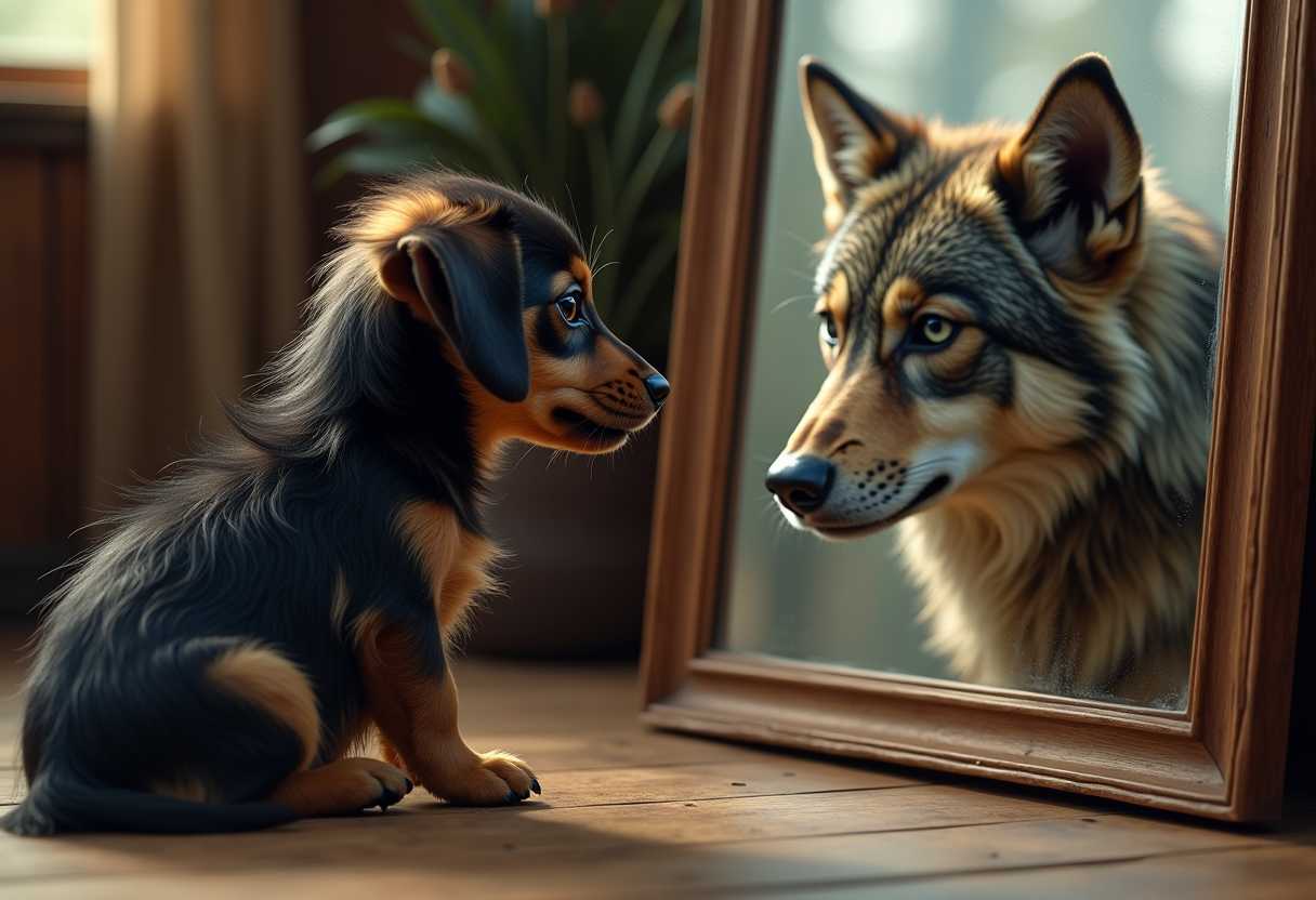 When I grow up, I'll be a wolf too
A hunting room. A sweet wire-haired dachshund puppy looks into a mirror and sees the reflection of a adult huge wolf. High-resolution, highly detailed, photorealistic, cinematic. Art similar to Michal Mraz.

