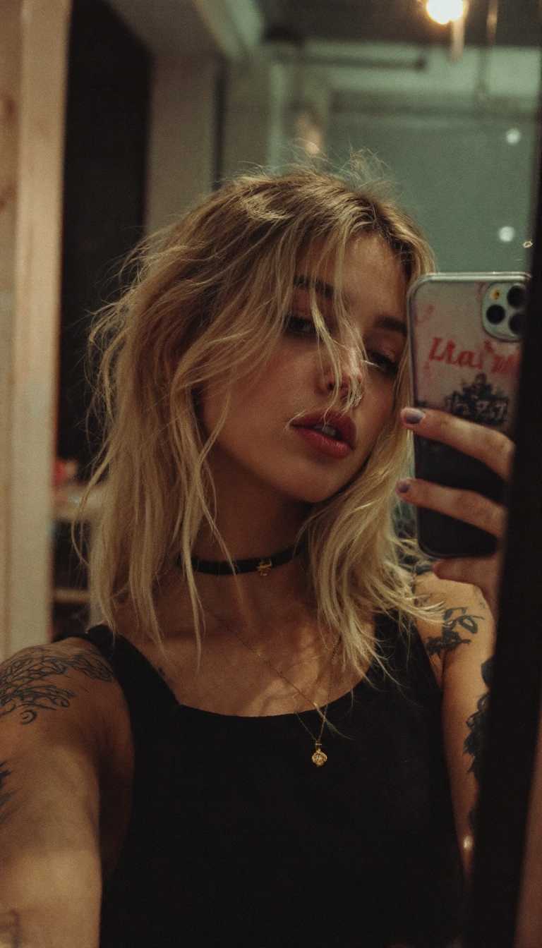 Grungy analog photo from a beautiful blond influencer girl taking a selfie with her iPhone, flash photography, unedited.