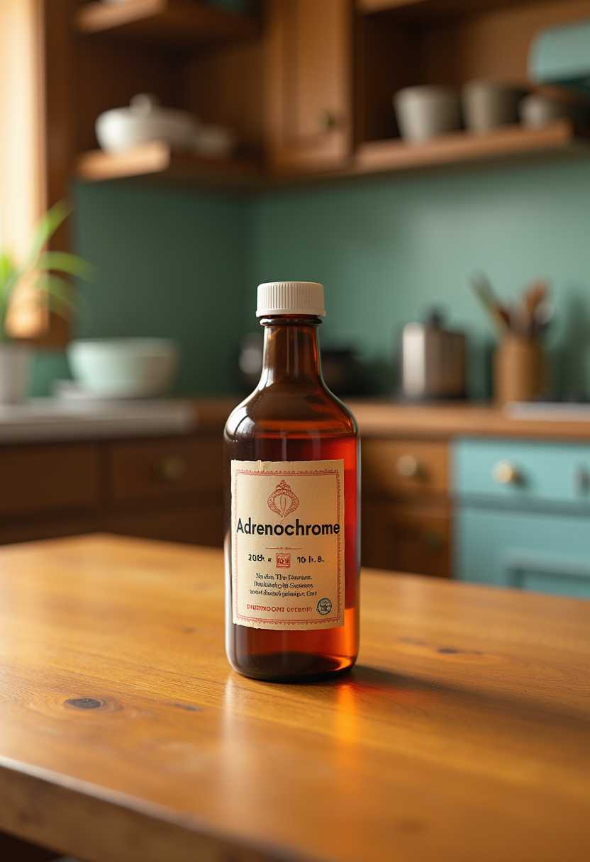 Create a rectangle medicine bottle on a kitchen table with a label with text that reads "Adrenochrome" 1950's kitchen