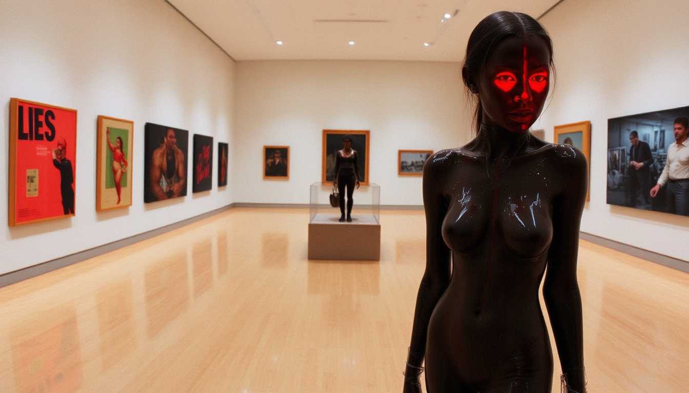 colorshift style.

Full size Statue of a modern art woman in an art museum.

Wes Craven horror movie scene.