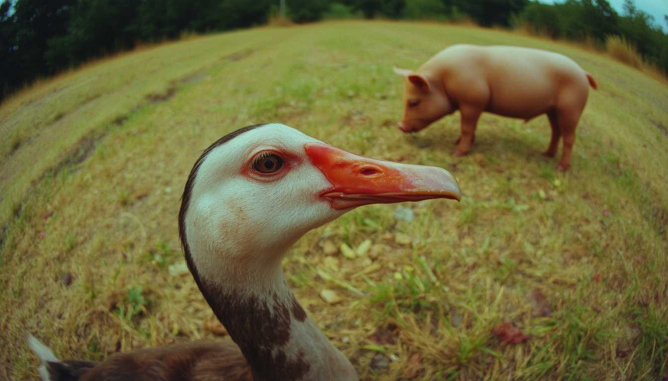 colorshift style.

A closeup of a duck's head on a field. Pig's body is seen on the side. 50mm fish-eye lens photography.

David Lynch movie scene.