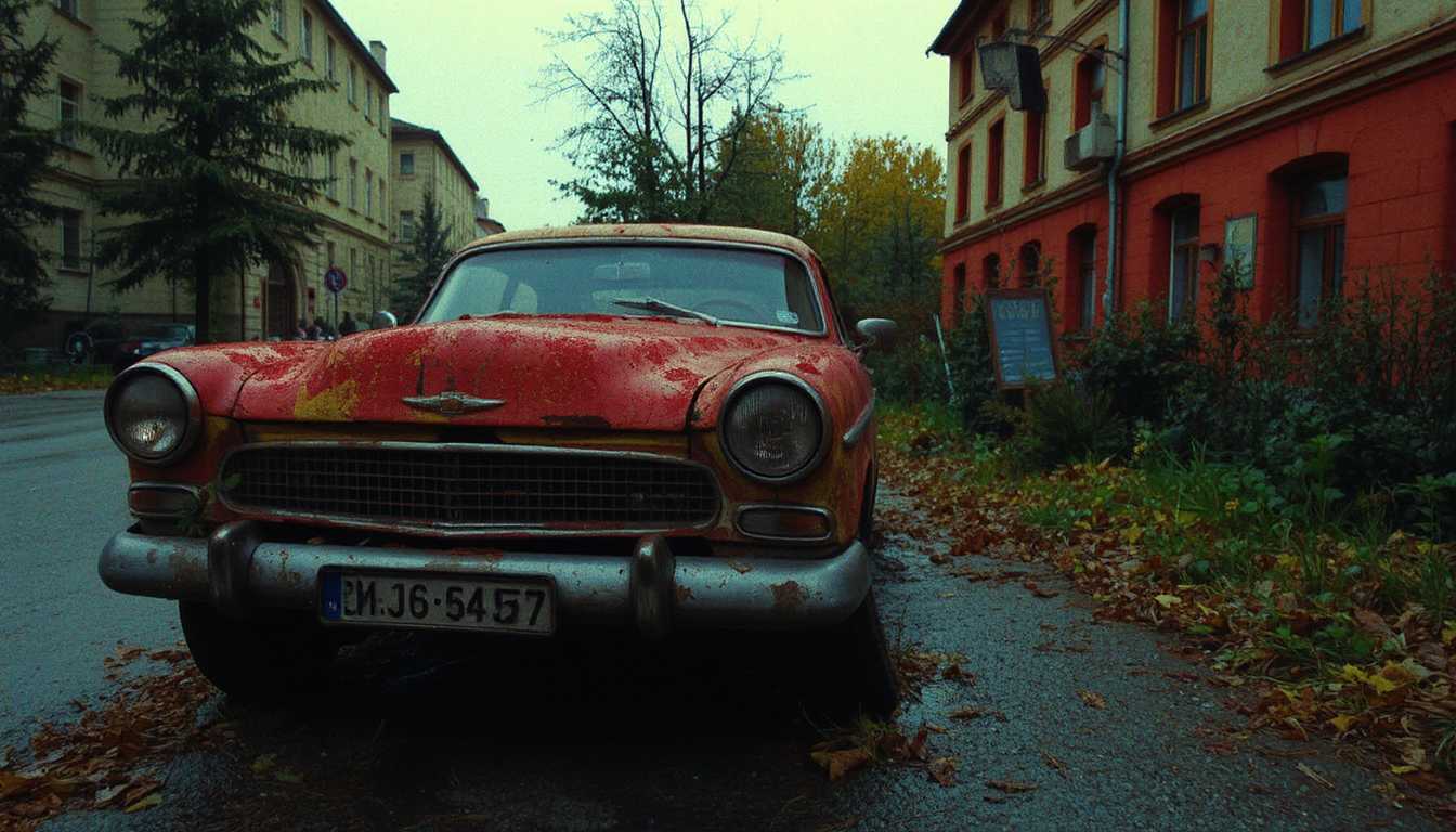 colorshift style,

a rusty car in Warsaw in a Polish 1970s movie scene