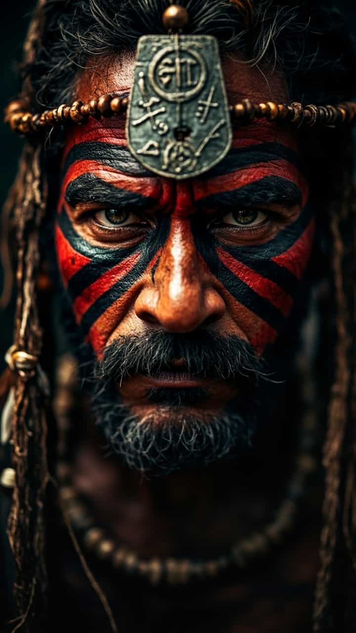 A hyper-detailed close-up portrait of a shamanic warrior with an intense gaze. His face is adorned with symbolic war paint in black and red, applied in tribal patterns across his forehead, nose, and cheeks. Beads, feathers, and natural elements are braided into his dreadlocks. A sacred metal amulet is worn on his forehead. His eyes are sharp and focused, filled with mysticism and power. The lighting is dramatic, emphasizing the texture of his skin and the intricate details of the paint. The background is dark and blurred, drawing full attention to the spiritual warrior’s face.