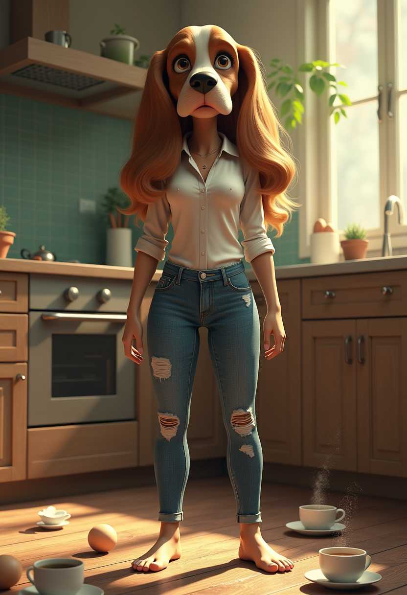 

fantasy storytelling joyful funny sassy view real textures. cgi big seriously-rendered anthro female Basset hound with some eyeliner and sassy resigned expression of dissent, wearing a blouse and fitting jeans RUMP, is standing barefoottss in kitchen with broken eggs, spilled coffee and shattered white china-cups on the floor. sassy-big athletic curvi dust particles in the air effect volumetric lighting effect