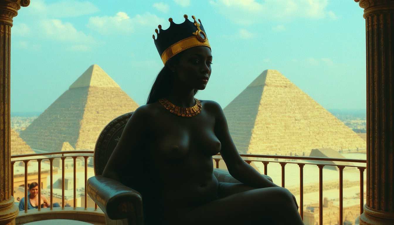 colorshift style, Surrealist scary photo. 

Naked stunning black girl Cleopatra. polished gold Pharaoh crown. Eye of Horus. Palace Balcony. Sitting with one leg up on an ancient Egyptian Throne. Pristine newly build pyramids in background

Haunting mood, dreamlike, ethereal atmosphere. Influenced by pop surrealism with elements of modern art photography.
