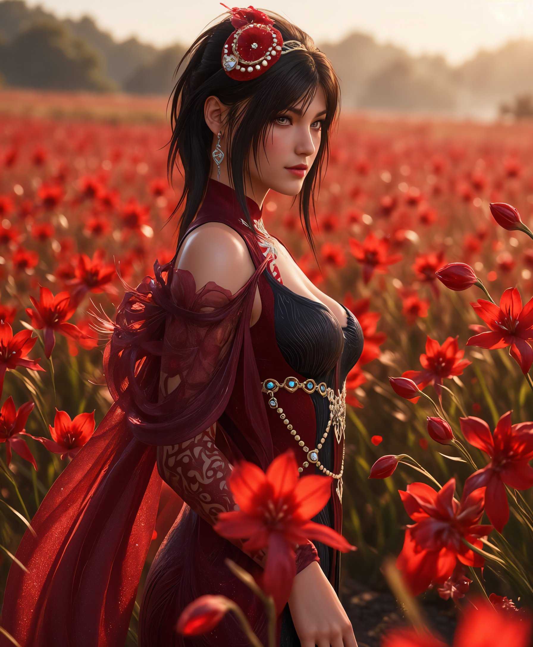 masterpiece, best quality, highres, sharp image, more detail <lora:more_details:0.5> <lora:SDXLrender_v2.0:1>, A cinematic portrait of Nana, cosplaying as Viper Ning from the video game "Naraka: Bladepoint", set amidst a vast field of red spider lilies in Japan during the dusk. The scene captures:

- **Visual Details**: Nana, with her costume's intricate details, including Viper Ning's signature mask, armor, and flowing fabrics, blending seamlessly with the vibrant reds of the lilies. Her eyes are sharp and focused, mirroring the predatory gaze of the character she portrays. The lilies' petals are slightly wilted, enhancing the eerie beauty of the setting.

- **Style**: Inspired by the dramatic and dynamic style of Japanese anime and manga, with influences from traditional ukiyo-e prints, focusing on high contrast and vivid colors to convey both the beauty and the danger of the scene.

- **Composition**: Nana is positioned centrally, her stance mimicking the poised readiness of Viper Ning. The camera angle is slightly low, looking up at her, to emphasize her dominance and the vastness of the flower field behind. The lilies part around her, creating a natural path leading directly to her, drawing the viewer's eye.

- **Mood and Atmosphere**: The mood is one of serene anticipation, with the setting sun casting long shadows and bathing the scene in a warm, golden light. The air is thick with the subtle fragrance of the lilies, and a light mist hangs low, adding to the mystical ambiance.

- **Technical Aspects**: The image employs a shallow depth of field to isolate Nana from the background, while still allowing the lilies to be recognizable. High dynamic range photography is used to capture the full spectrum of colors from the lilies and the subtle details in the shadows. The focus is on Nana, with a soft focus on the lilies to create a dreamy effect.

- **Cohesion**: The entire scene merges the fantastical elements of Viper Ning with the natural beauty of the Japanese landscape, creating a believable yet surreal moment where the real and the virtual blend into one.