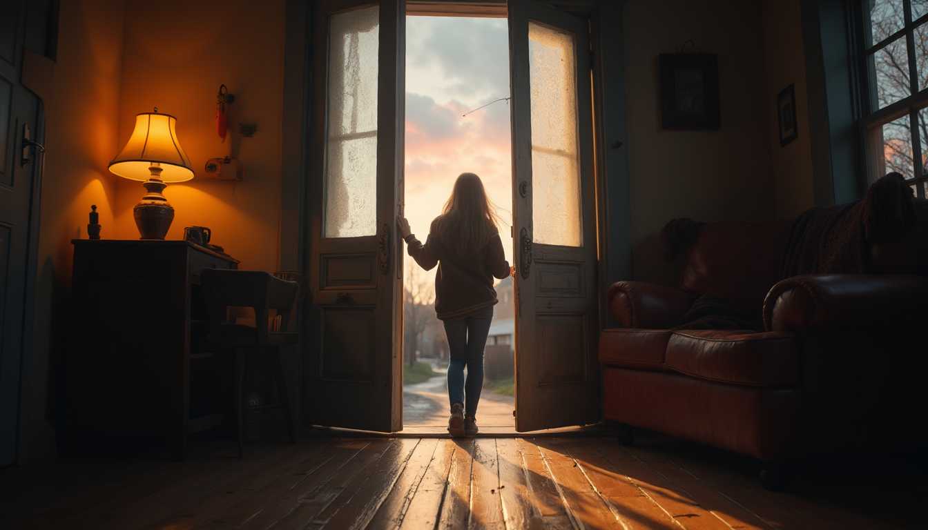 A person stands in a cozy entryway, peering through a slightly ajar wooden door with frosted glass, capturing the moment of hesitation before stepping out. The interior features warm, ambient lighting with golden hues from a vintage lamp casting soft shadows on rustic wooden floorboards. Outside, the scene transitions into an early morning atmosphere, with the sky painted in pastel shades of pink and blue, suggesting a crisp, clear autumn day. The camera angle is low, at the level of the door handle, creating an intimate, ground-up perspective that emphasizes the threshold between indoors and outdoors. The style mimics the serene, detailed work of Edward Hopper, focusing on the interplay of light and shadow, and the quiet anticipation of the subject. The mood is contemplative, with the subtle textures of the door frame, the intricate patterns of the frosted glass, and the soft, diffused light creating a tranquil yet expectant scene.