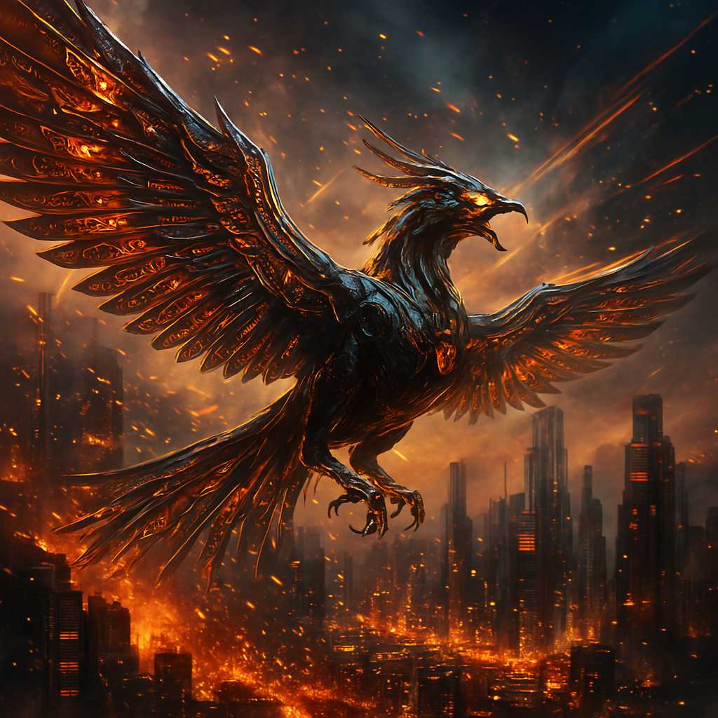 A cinematic digital painting of a biomechanical phoenix, its wings made of metallic feathers glowing with fiery glyphs, frozen mid-flight above a burning cyber-city. Flames reflect off its obsidian body as it screeches skyward, scattering embers into a toxic twilight sky. Dynamic backlighting with lens flares and dust particles enhance the intensity. Inspired by Giger and Afrofuturism, infused with glitch-art motifs and golden Art Deco symmetry. Crimson, black, and gold dominate the palette. Aerial shot with motion blur and extreme depth of field. The feathers shimmer like liquid circuits. It represents resurrection through digital chaos. --aspect ratio 16:9 --style raw -- quality 3 -- stylize 800
