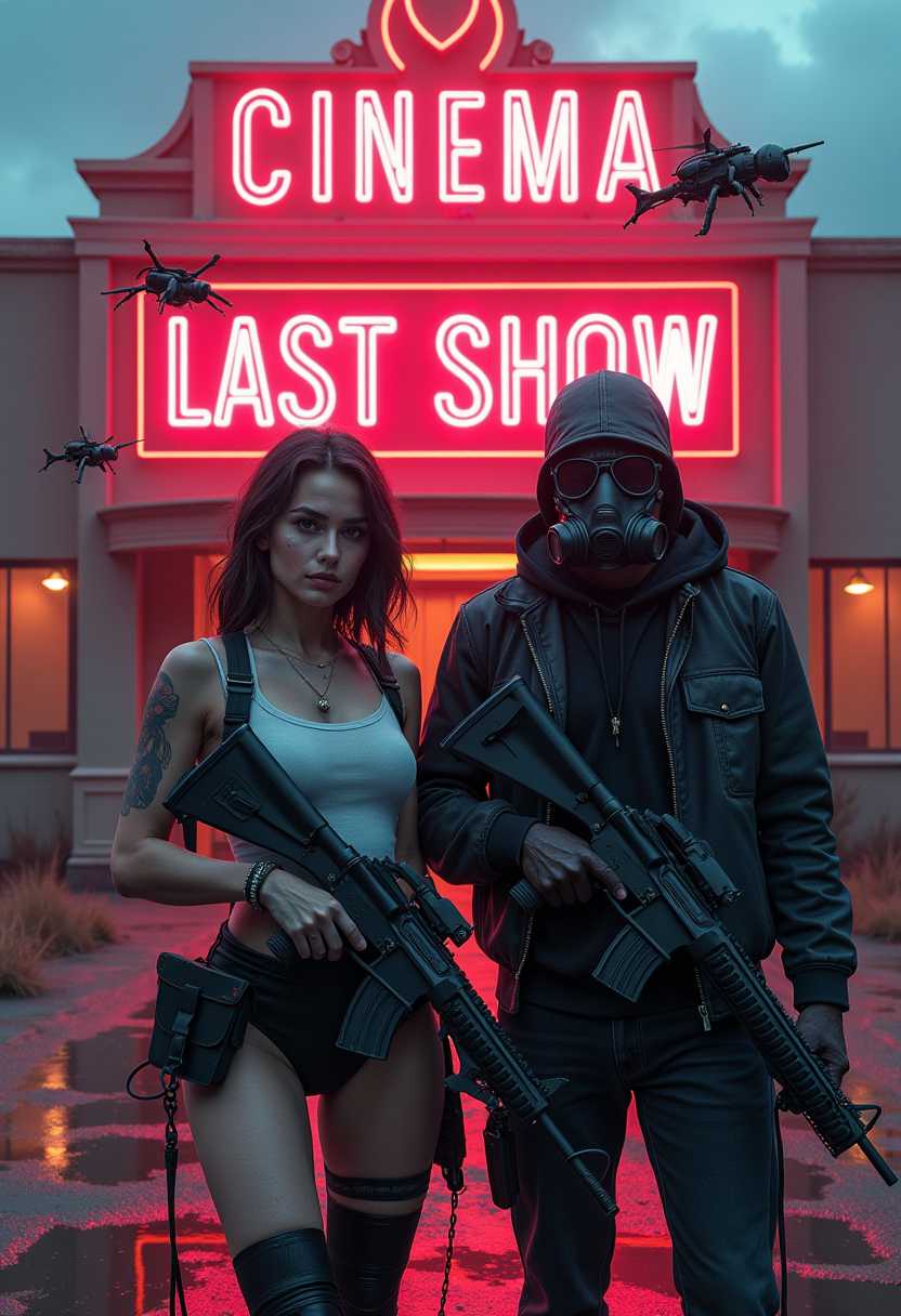 Ultra-realistic and ultra-detailed image: armed figures stand in front of a ruined cinema with a neon sign reading "CINEMA LAST SHOW". A woman with cybernetic details holds a futuristic rifle, next to her a man in a gas mask. Insect drones hover above them. The scene is in the style of a cyberpunk movie - painterly, semi-realistic, with neon lighting in a dark, post-apocalyptic atmosphere. full hd approx.