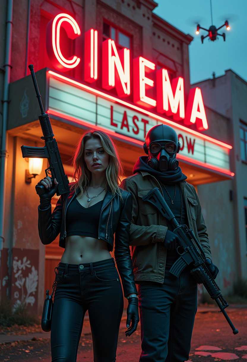 Ultra-realistic and ultra-detailed image: armed figures stand in front of a ruined cinema with a neon sign reading "CINEMA LAST SHOW". A woman with steampunk cybernetic android robot component details holds a futuristic rifle, next to her a man in a gas mask. Insect drones hover above them. The scene is in the style of a cyberpunk movie - painterly, semi-realistic, with neon lighting in a dark, post-apocalyptic atmosphere. full hd approx.