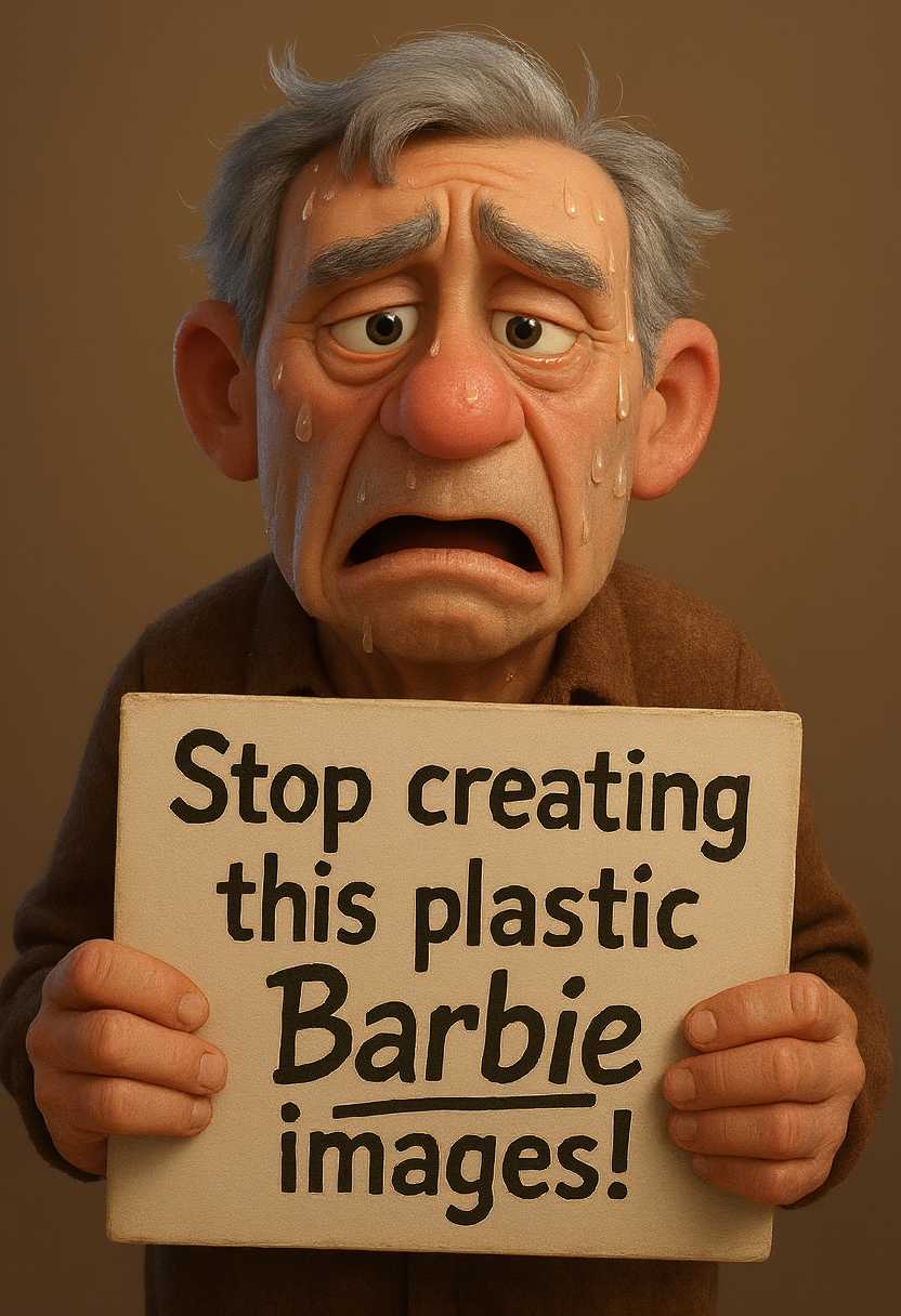 Create an upper body cartoon in Pixar style of old man with grey hair holding a sign in front of him with the words "Stop creating this plastic Barbie images!". This face is sweaty and depressed, Beads of sweat drip from the face, open mouth