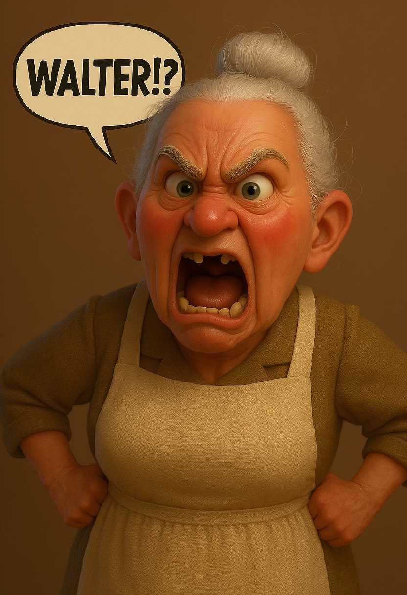 his old wife looking very, very angry with speech bubble "WALTER !?" with her hands in her hips as angry position. Upper body shot. She wearing a kitchen apron and her face is red because of her annoying, her mouth is wide open like she is screaming showing some missing teeth