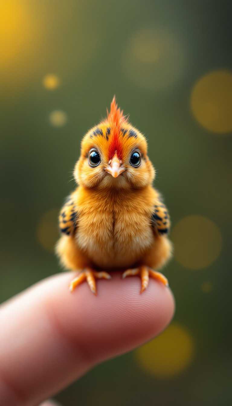 A hyper-realistic digital rendering of an impossibly tiny hen perched on a human fingertip. The hen, no larger than a thumb, displays intricate details: vivid orange fur with black stripes, large expressive eyes, a pink nose, and fine whiskers. Its small rounded ears and tiny paws are visible as it sits alertly, gazing directly at the viewer with a curious expression. The background is a soft-focus outdoor scene with muted greens and yellows, featuring a bokeh effect of circular light spots. The image seamlessly blends photorealistic textures with fantastical proportions, creating a captivating and whimsical portrait of miniature wildlife.
