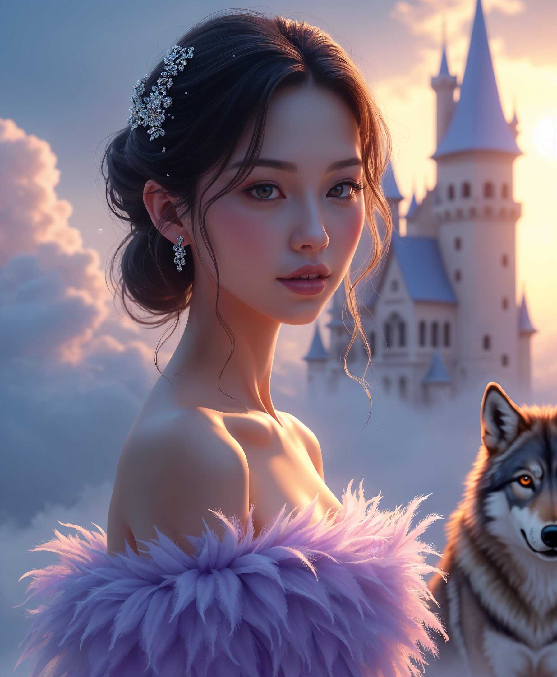 masterpiece, best quality, highres, sharp image, more detail <lora:more_details:0.5> <lora:SDXLrender_v2.0:1>, masterpiece, best quality, highres, sharp image, more detail, a photo of Mony,
Description:
• The image portrays a woman in an ethereal, fantasy setting. She is dressed in an elegant, off-the-shoulder gown with delicate, feather-like details. Her hair is styled in an intricate updo adorned with small, sparkling accessories. Behind her, a majestic castle with tall spires rises against a backdrop of a dramatic, cloud-filled sky. A wolf with piercing eyes stands in the background, adding to the mystical atmosphere.
Visual Analysis:
Lighting
The lighting is soft and diffused, creating a dreamy, almost magical ambiance. The light highlights the woman's features and the texture of her dress, while casting gentle shadows that enhance the depth of the scene.
Colors
The color palette is dominated by soft pastels and cool tones. The woman's dress is a light lavender, complementing the blues and purples of the sky and castle. Warmth is introduced through the golden hues of the sunset in the background.
Composition
The composition centers on the woman, with her face as the focal point. The castle and wolf provide a narrative backdrop, creating a sense of depth and story. The swirling clouds around the woman add a mystical element, framing her and drawing attention to her expression and attire.
Style and Mood:
Art Style
The image has a digital painting style with a high level of detail, reminiscent of fantasy illustrations. It combines realistic human features with fantastical elements, typical of modern fantasy art.
Atmosphere
The mood is enchanting and otherworldly, evoking a sense of wonder and magic. The serene expression of the woman contrasts with the wild presence of the wolf, creating a balance between tranquility and mystery.
Visual Impact
The image captivates with its blend of beauty and fantasy. The detailed rendering of the woman and the atmospheric background work together to create a visually striking piece that invites viewers into a fairy-tale world.
Technical Details:
Quality
The image is high-resolution with sharp details, particularly in the textures of the dress, hair, and the intricate architecture of the castle.
Techniques
Digital painting techniques are evident, with smooth gradients, detailed textures, and a harmonious blend of light and shadow. The use of light to create a glowing effect around the woman adds to the magical feel.
Special Features
The integration of the mist and clouds around the woman, the detailed castle architecture, and the realistic yet slightly stylized depiction of the wolf are notable. The small, sparkling accessories in her hair add a touch of fantasy.