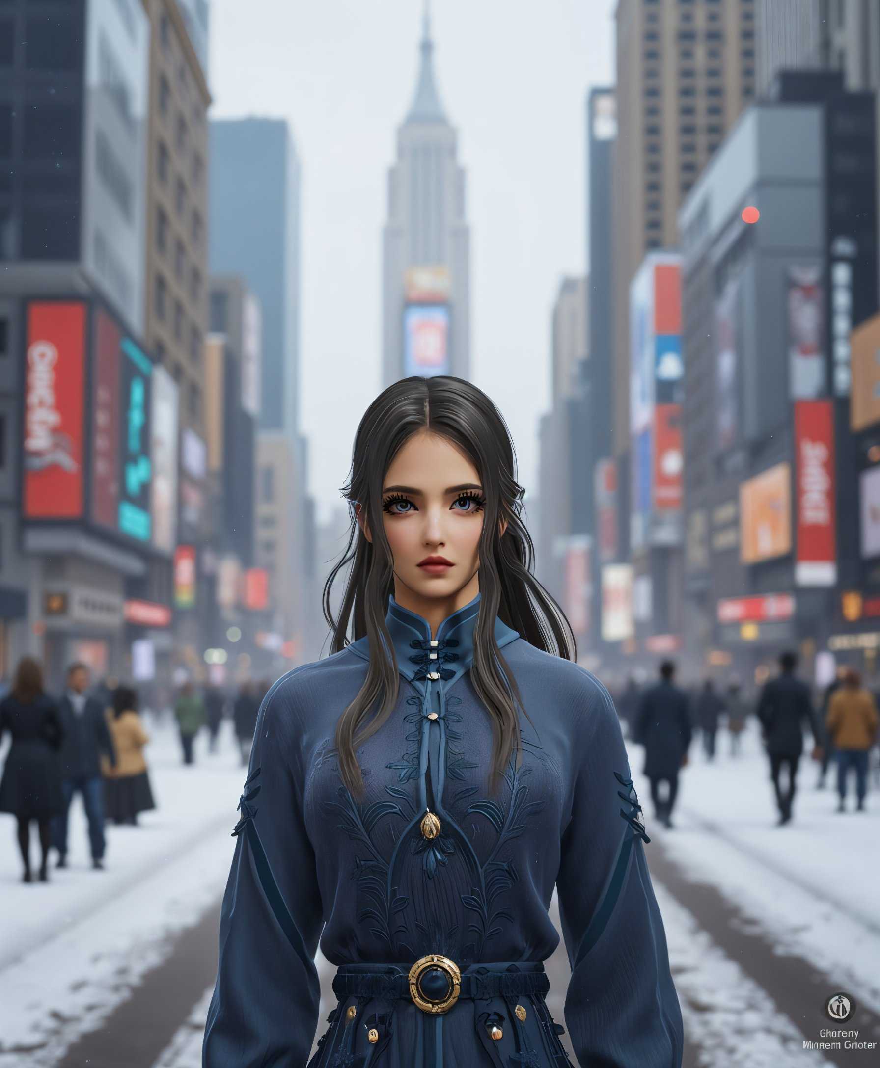 masterpiece, best quality, highres, sharp image, more detail <lora:more_details:0.5> <lora:SDXLrender_v2.0:1>, a photo of Justina, A realistic photograph capturing Justina standing amidst a bustling city scene, where snowflakes gently fall around her. The composition places Justina in the center, with the urban environment framing her; skyscrapers loom in the background, and the snow creates a soft focus effect on the surroundings. The lighting should mimic the overcast winter day, with diffused light enhancing the realism, casting subtle shadows that add depth and texture to the scene. The mood is serene yet busy, with a slight chill in the air, suggesting the hush of snowfall in an otherwise vibrant city. Use a wide-angle lens to capture the expansive cityscape, ensuring Justina remains the focal point through selective focus. The style should reflect contemporary urban photography, emphasizing the contrast between the natural beauty of snowfall and the man-made structures.