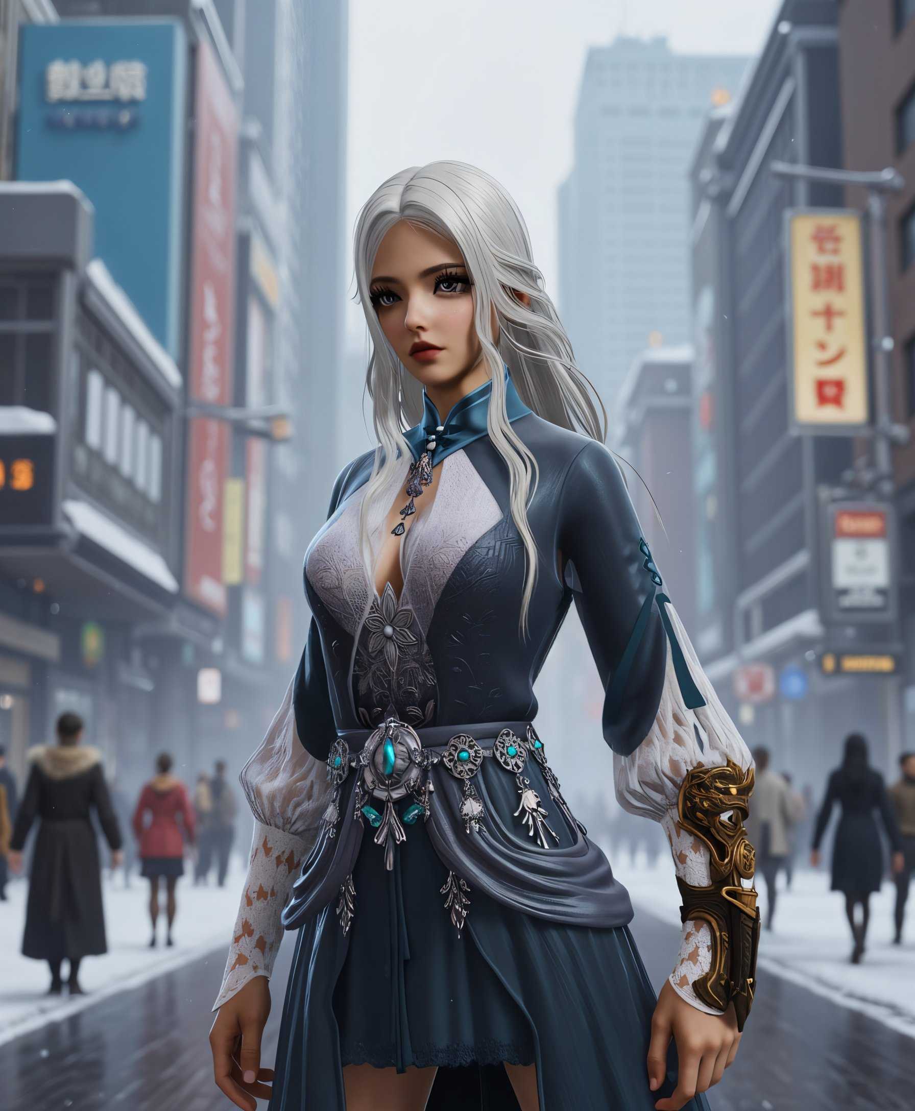masterpiece, best quality, highres, sharp image, more detail <lora:more_details:0.5> <lora:SDXLrender_v2.0:1>, a photo of Justina, A realistic photograph capturing Justina standing amidst a bustling city scene, where snowflakes gently fall around her. The composition places Justina in the center, with the urban environment framing her; skyscrapers loom in the background, and the snow creates a soft focus effect on the surroundings. The lighting should mimic the overcast winter day, with diffused light enhancing the realism, casting subtle shadows that add depth and texture to the scene. The mood is serene yet busy, with a slight chill in the air, suggesting the hush of snowfall in an otherwise vibrant city. Use a wide-angle lens to capture the expansive cityscape, ensuring Justina remains the focal point through selective focus. The style should reflect contemporary urban photography, emphasizing the contrast between the natural beauty of snowfall and the man-made structures.