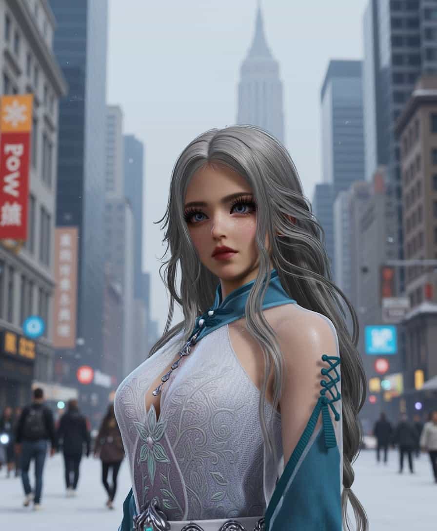 masterpiece, best quality, highres, sharp image, more detail <lora:more_details:0.5> <lora:SDXLrender_v2.0:1>, a photo of Justina, A realistic photograph capturing Justina standing amidst a bustling city scene, where snowflakes gently fall around her. The composition places Justina in the center, with the urban environment framing her; skyscrapers loom in the background, and the snow creates a soft focus effect on the surroundings. The lighting should mimic the overcast winter day, with diffused light enhancing the realism, casting subtle shadows that add depth and texture to the scene. The mood is serene yet busy, with a slight chill in the air, suggesting the hush of snowfall in an otherwise vibrant city. Use a wide-angle lens to capture the expansive cityscape, ensuring Justina remains the focal point through selective focus. The style should reflect contemporary urban photography, emphasizing the contrast between the natural beauty of snowfall and the man-made structures.