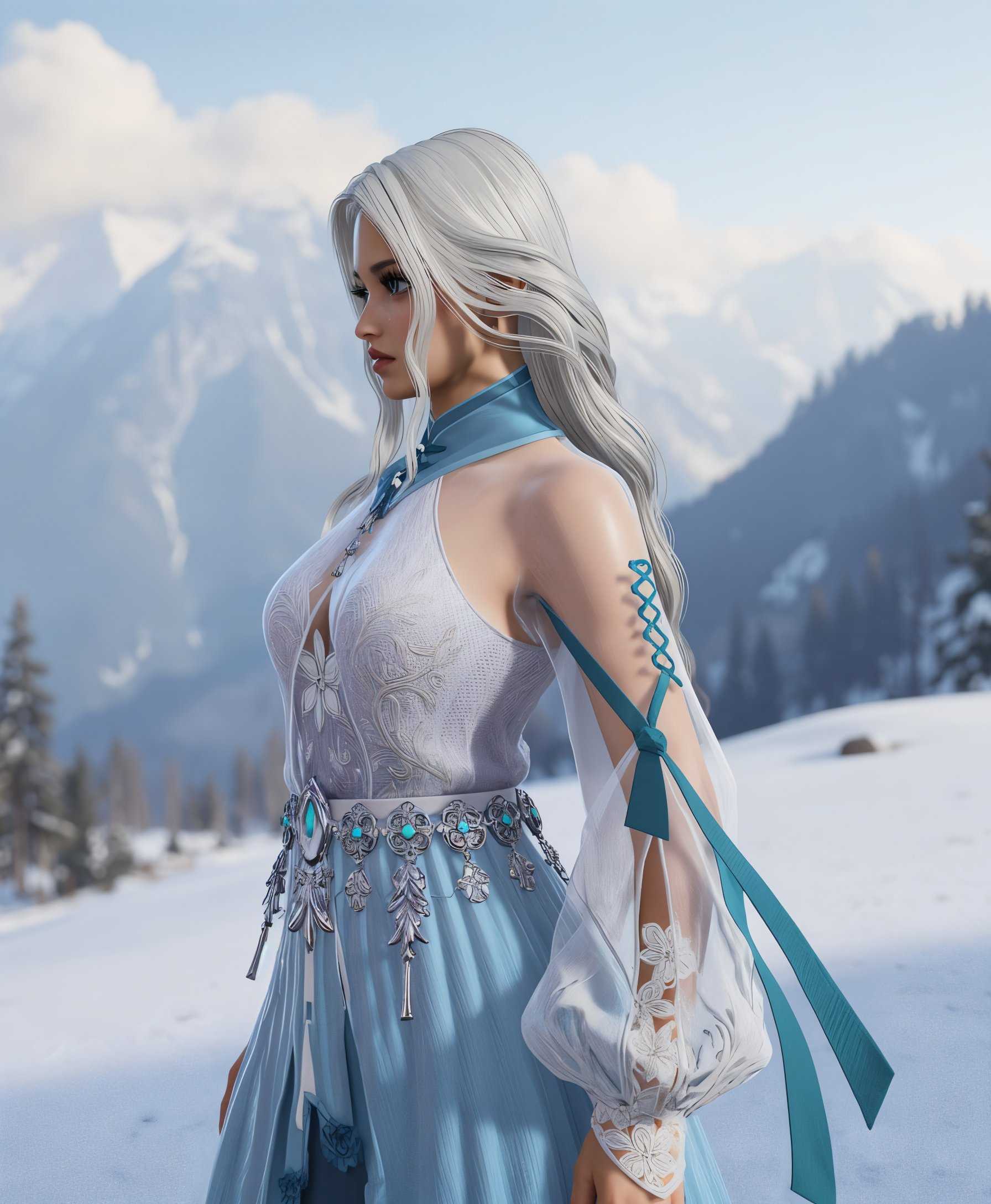 masterpiece, best quality, highres, sharp image, more detail <lora:more_details:0.5> <lora:SDXLrender_v2.0:1>, Create an ultrarealistic image of Justina Gu from "Naraka: Bladepoint" standing amidst a serene winter landscape. Here, Justina is dressed in her iconic attire, with the intricate details of her clothing highlighted by the soft, diffused light of a snow-laden environment. The scene captures:

- **Subject**: Justina Gu, her posture relaxed yet alert, gazing into the distance, her face illuminated by the gentle snowlight, with snowflakes caught in her hair and on her clothes.

- **Background**: A majestic range of snow-capped mountains, their peaks partially obscured by a light snowfall, creating a mystical, almost otherworldly backdrop.

- **Lighting**: The image is set during the golden hour, with the sun low in the sky, casting a warm glow that contrasts beautifully with the cold, white snow.

- **Atmosphere**: The air is thick with gently falling snow, each flake visible in its descent, contributing to a peaceful, serene mood. The atmosphere is crisp, clear, and invigorating.

- **Composition**: Justina is positioned slightly off-center, allowing for a dynamic composition where the viewer's eye is drawn from her to the vast, snow-covered mountain range behind. The camera angle is slightly low, making Justina appear heroic against the grandeur of nature.

- **Style**: The image should emulate the photorealistic style of high-end video game character renders, with a touch of cinematic realism, capturing the essence of Justina's character design while integrating her seamlessly into a natural, real-world setting.

- **Technical Aspects**: Utilize techniques like depth of field to focus on Justina while allowing the mountains to blur slightly, creating a sense of depth. Employ HDR for rich color depth and detail in both Justina's attire and the snow.

This scene should evoke a sense of tranquility, beauty, and the solitude of nature, with Justina as a familiar character stepping into an unfamiliar, yet breathtakingly beautiful environment.