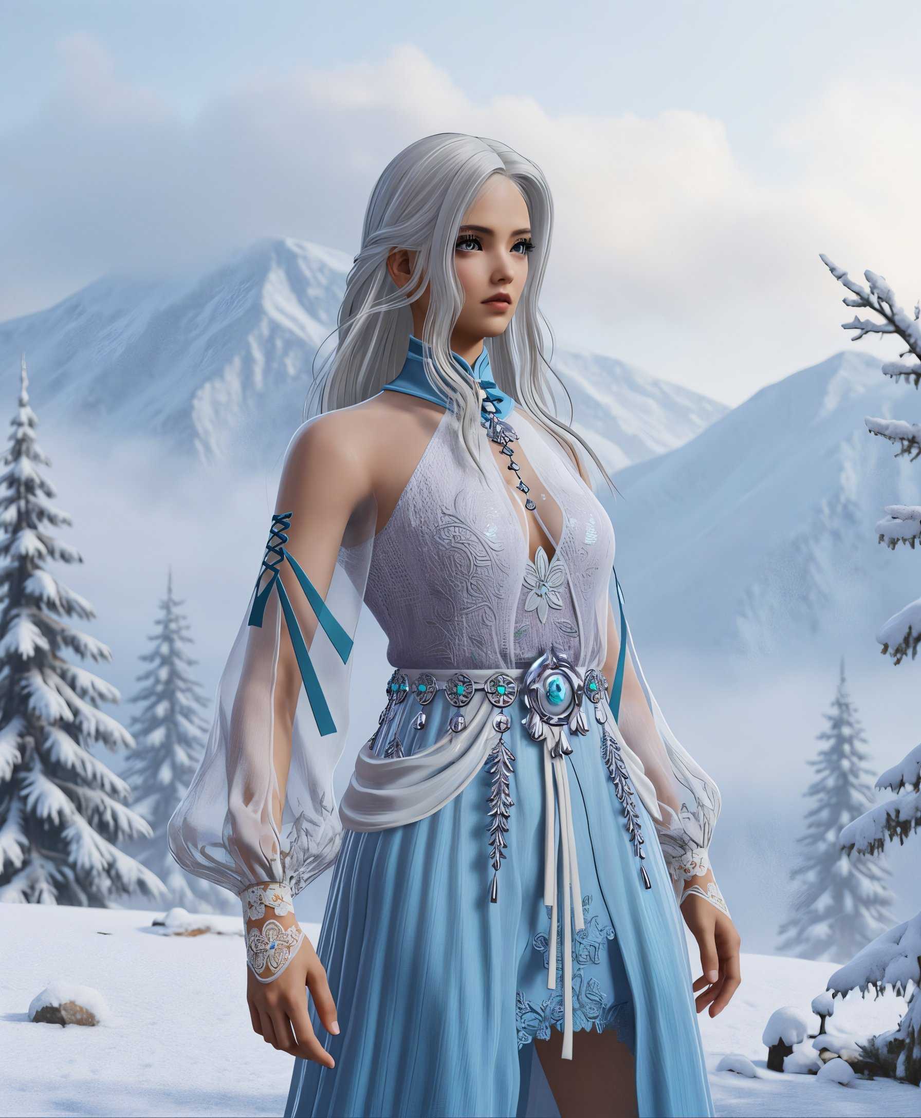 masterpiece, best quality, highres, sharp image, more detail <lora:more_details:0.5> <lora:SDXLrender_v2.0:1>, Create an ultrarealistic image of Justina Gu from "Naraka: Bladepoint" standing amidst a serene winter landscape. Here, Justina is dressed in her iconic attire, with the intricate details of her clothing highlighted by the soft, diffused light of a snow-laden environment. The scene captures:

- **Subject**: Justina Gu, her posture relaxed yet alert, gazing into the distance, her face illuminated by the gentle snowlight, with snowflakes caught in her hair and on her clothes.

- **Background**: A majestic range of snow-capped mountains, their peaks partially obscured by a light snowfall, creating a mystical, almost otherworldly backdrop.

- **Lighting**: The image is set during the golden hour, with the sun low in the sky, casting a warm glow that contrasts beautifully with the cold, white snow.

- **Atmosphere**: The air is thick with gently falling snow, each flake visible in its descent, contributing to a peaceful, serene mood. The atmosphere is crisp, clear, and invigorating.

- **Composition**: Justina is positioned slightly off-center, allowing for a dynamic composition where the viewer's eye is drawn from her to the vast, snow-covered mountain range behind. The camera angle is slightly low, making Justina appear heroic against the grandeur of nature.

- **Style**: The image should emulate the photorealistic style of high-end video game character renders, with a touch of cinematic realism, capturing the essence of Justina's character design while integrating her seamlessly into a natural, real-world setting.

- **Technical Aspects**: Utilize techniques like depth of field to focus on Justina while allowing the mountains to blur slightly, creating a sense of depth. Employ HDR for rich color depth and detail in both Justina's attire and the snow.

This scene should evoke a sense of tranquility, beauty, and the solitude of nature, with Justina as a familiar character stepping into an unfamiliar, yet breathtakingly beautiful environment.