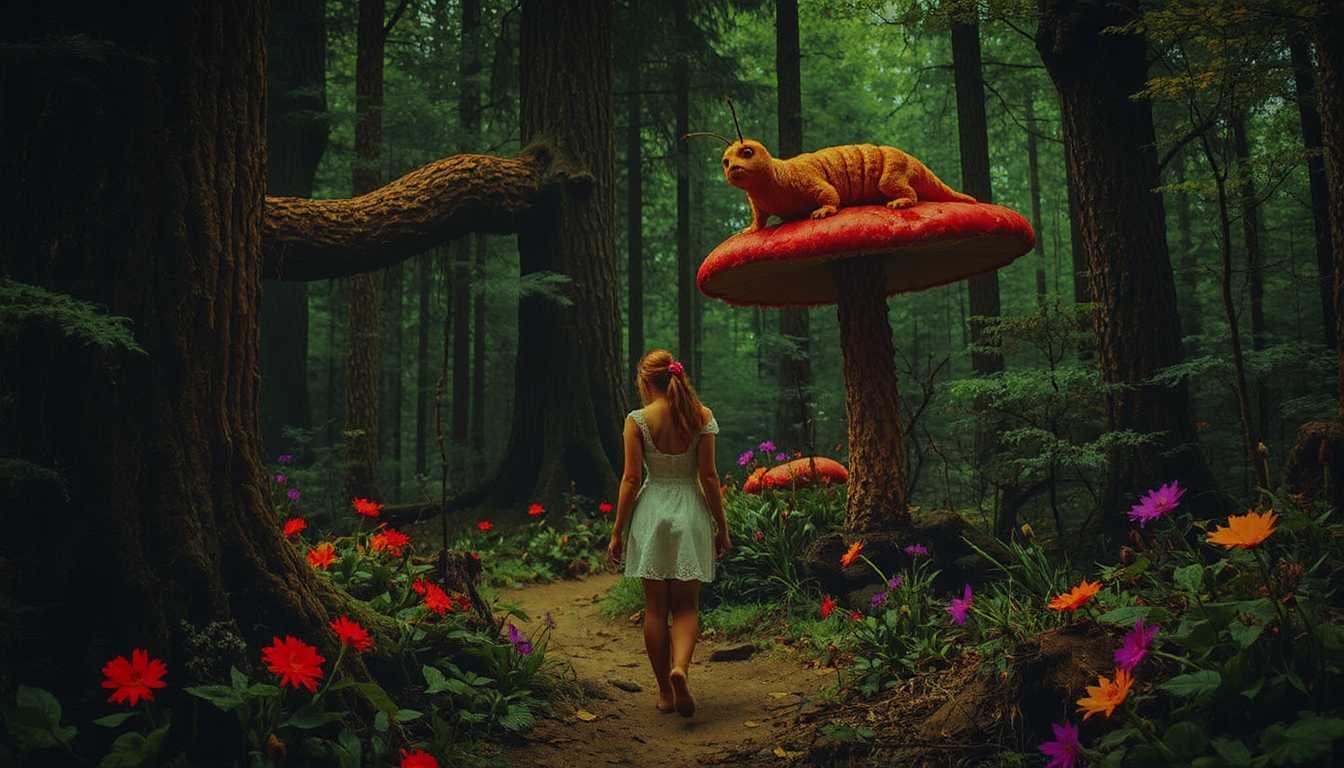 colorshift style, 

Alice in Wonderland. Naked Alice in the nude walks in a strange, twisted dark forest, gazing up at a Caterpillar who is perched lazily on top of a giant mushroom. His many legs dangle over the mushroom's edge as he looks down at Alice with a curious, almost knowing gaze. The scene is bathed in surreal, dappled light, with strange, colorful flowers and plants bending unnaturally toward them. The forest in the background twists and warps, as if the very air is alive and shifting, adding to the otherworldly atmosphere of Wonderland.
