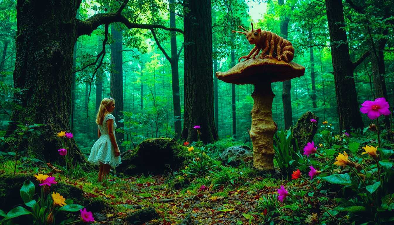 colorshift style, 

Alice in Wonderland. Naked Alice in the nude walks in a strange, twisted dark forest, gazing up at a Caterpillar who is perched lazily on top of a giant mushroom. His many legs dangle over the mushroom's edge as he looks down at Alice with a curious, almost knowing gaze. The scene is bathed in surreal, dappled light, with strange, colorful flowers and plants bending unnaturally toward them. The forest in the background twists and warps, as if the very air is alive and shifting, adding to the otherworldly atmosphere of Wonderland.
