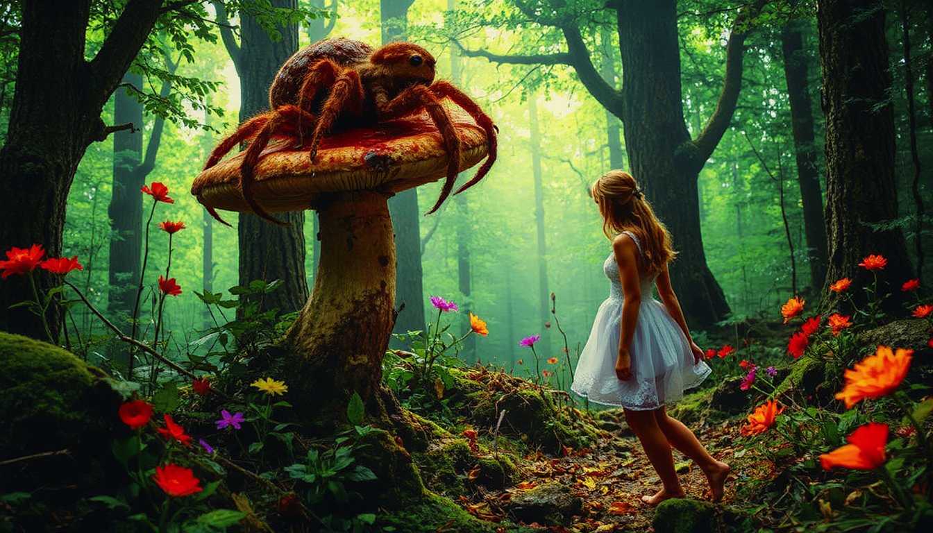 colorshift style, 

Alice in Wonderland. Naked Alice in the nude walks in a strange, twisted dark forest, gazing up at a Spider who is perched lazily on top of a giant mushroom. His many legs dangle over the mushroom's edge as he looks down at Alice with a curious, almost knowing gaze. The scene is bathed in surreal, dappled light, with strange, colorful flowers and plants bending unnaturally toward them. The forest in the background twists and warps, as if the very air is alive and shifting, adding to the otherworldly atmosphere of Wonderland.
