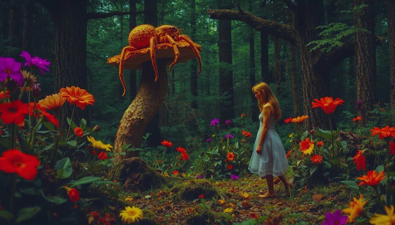 colorshift style, 

Alice in Wonderland. Naked Alice in the nude walks in a strange, twisted dark forest, gazing up at a gelatinous Spider who is perched lazily on top of a giant mushroom. His many legs dangle over the mushroom's edge as he looks down at Alice with a curious, almost knowing gaze. The scene is bathed in surreal, dappled light, with strange, colorful flowers and plants bending unnaturally toward them. The forest in the background twists and warps, as if the very air is alive and shifting, adding to the otherworldly atmosphere of Wonderland.
