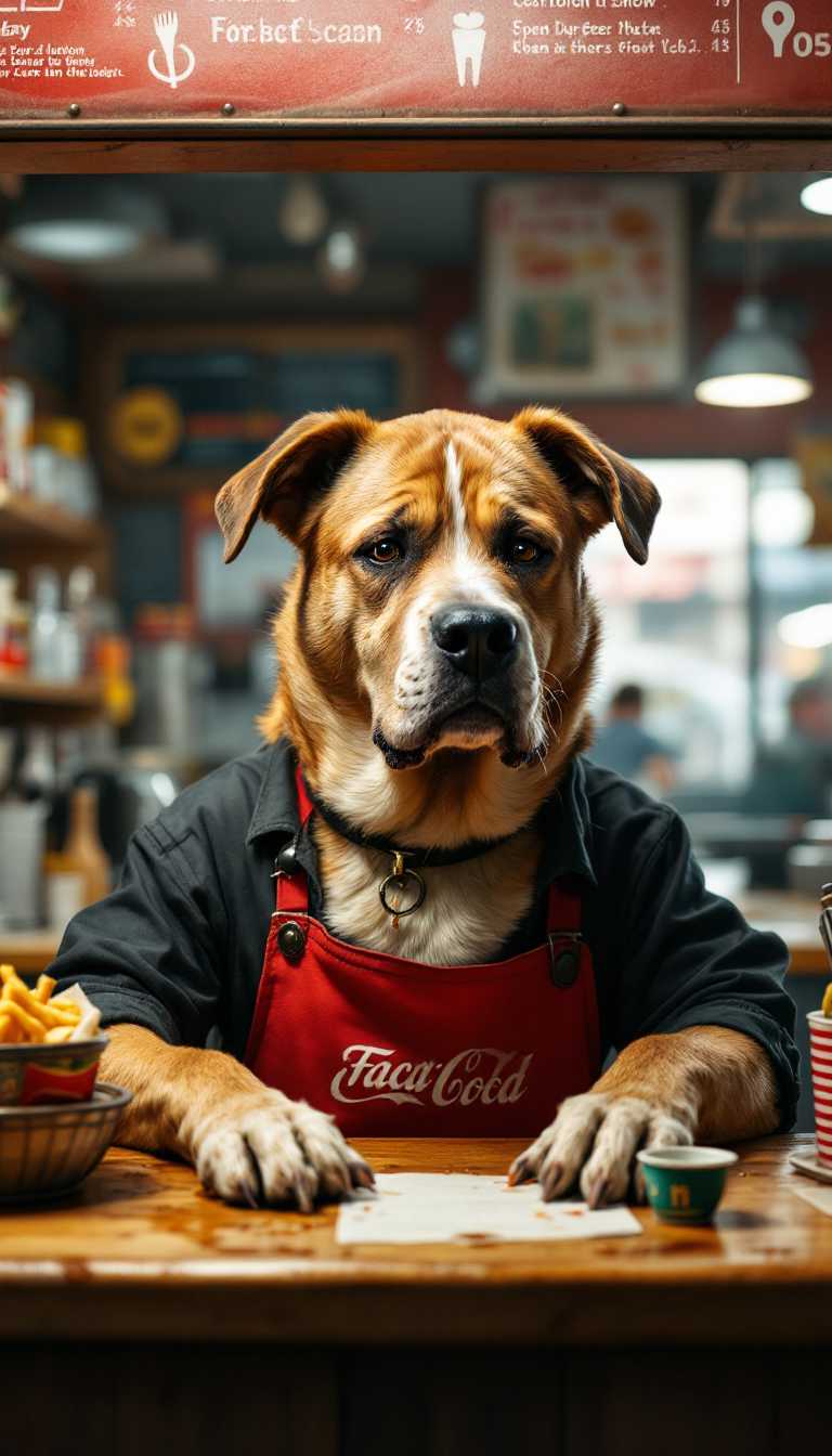 a realistic image taken in the style of a candid image of a human sized dog behind the counter of a fast food chain looking tired greasy and very done with the job of dealing with these customers