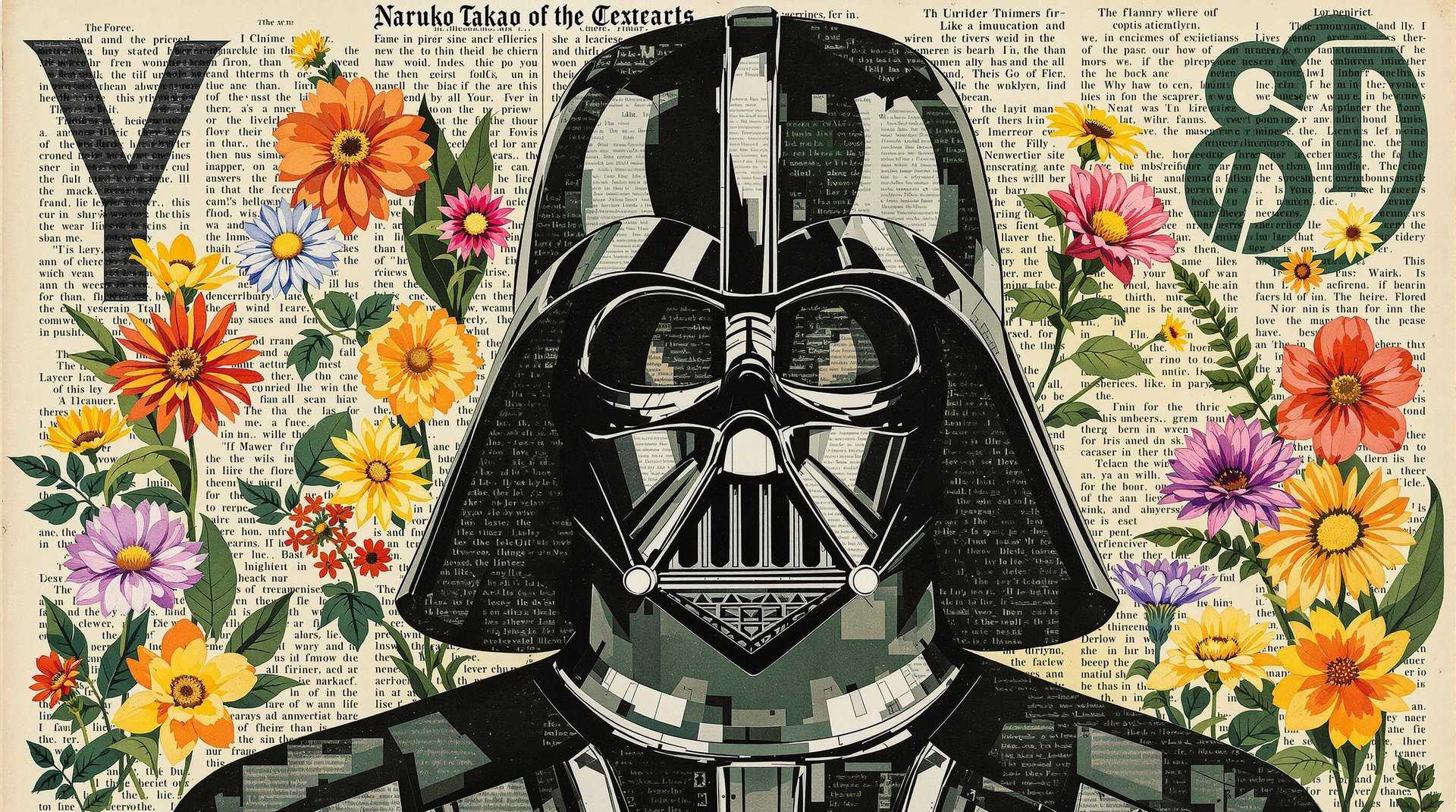 masterpiece, best quality, highres, sharp image, more detail, Collage by Naruko Takao, newspaper background and letter symbols, Darth Vader, dark green, summer flora, multi-layered season, multi-layered texture, multi-layered realism, multi-layered figure
