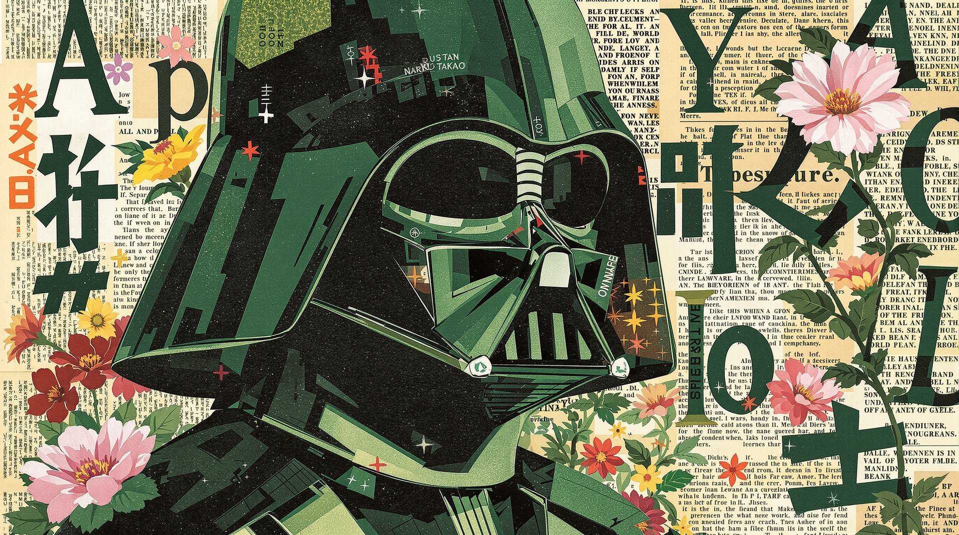 masterpiece, best quality, highres, sharp image, more detail, Collage by Naruko Takao, newspaper background and letter symbols, Darth Vader, dark green, summer flora, multi-layered season, multi-layered texture, multi-layered realism, multi-layered figure