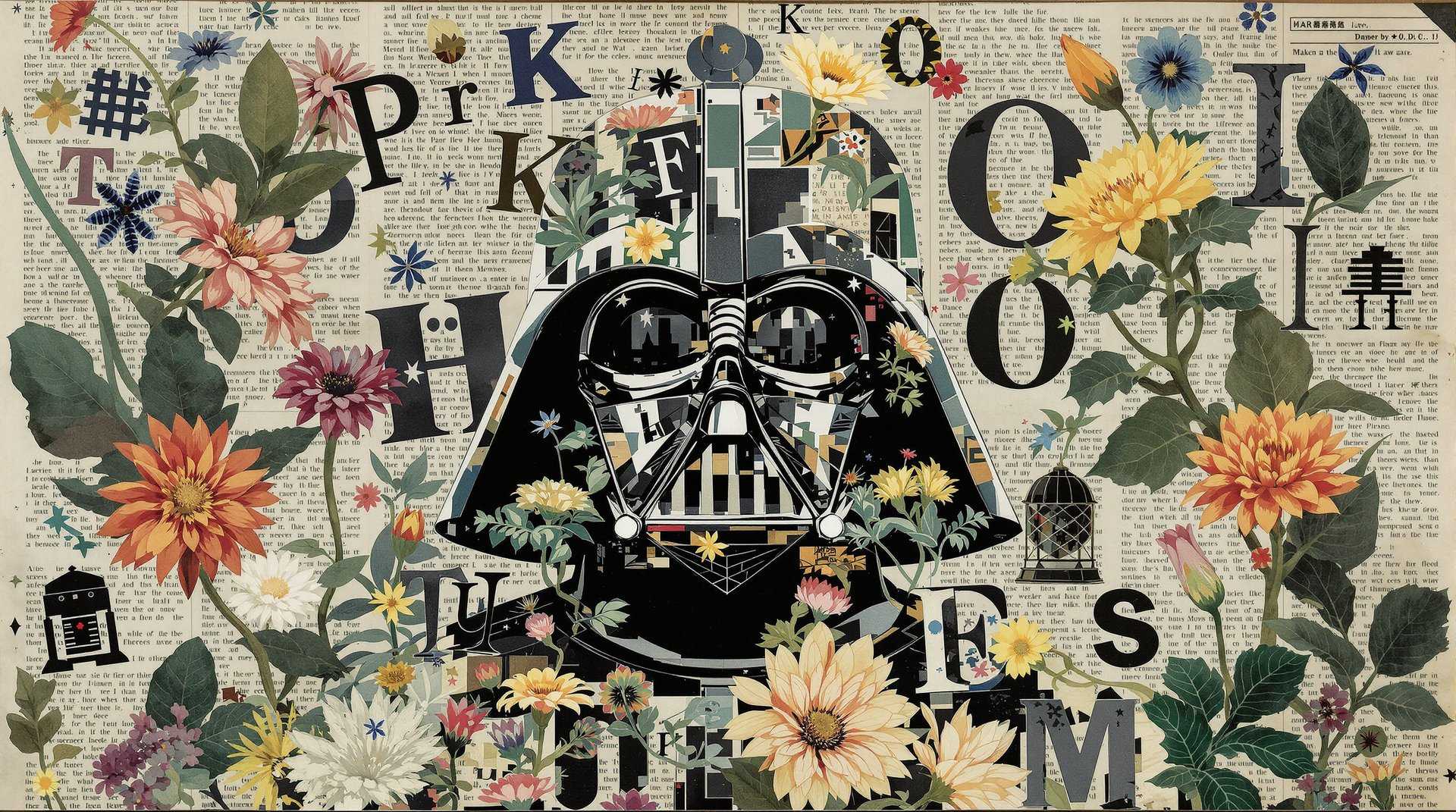 masterpiece, best quality, highres, sharp image, more detail, Collage by Naruko Takao, newspaper background and letter symbols, Darth Vader, dark green, summer flora, multi-layered season, multi-layered texture, multi-layered realism, multi-layered figure