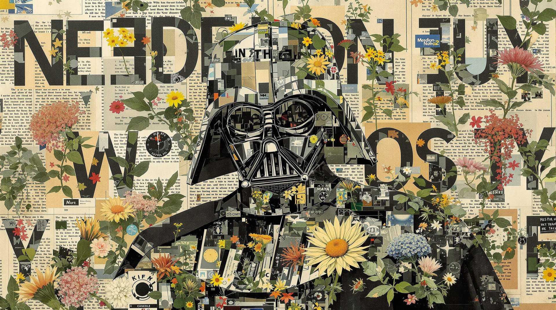 masterpiece, best quality, highres, sharp image, more detail, Collage by Naruko Takao, newspaper background and letter symbols, Darth Vader, dark green, summer flora, multi-layered season, multi-layered texture, multi-layered realism, multi-layered figure